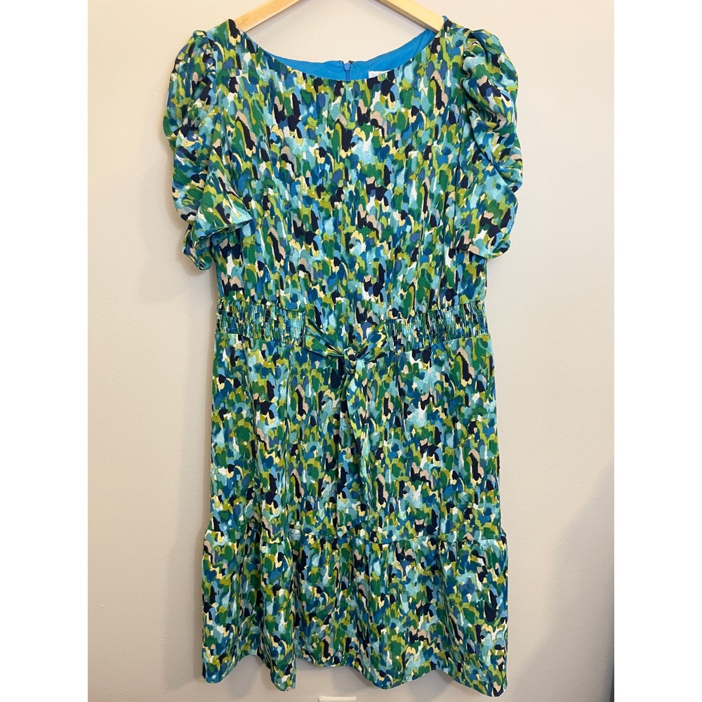 London Times Woman Puff Ruffled Sleeve Tiered Dress 14W Blue Green Abstract